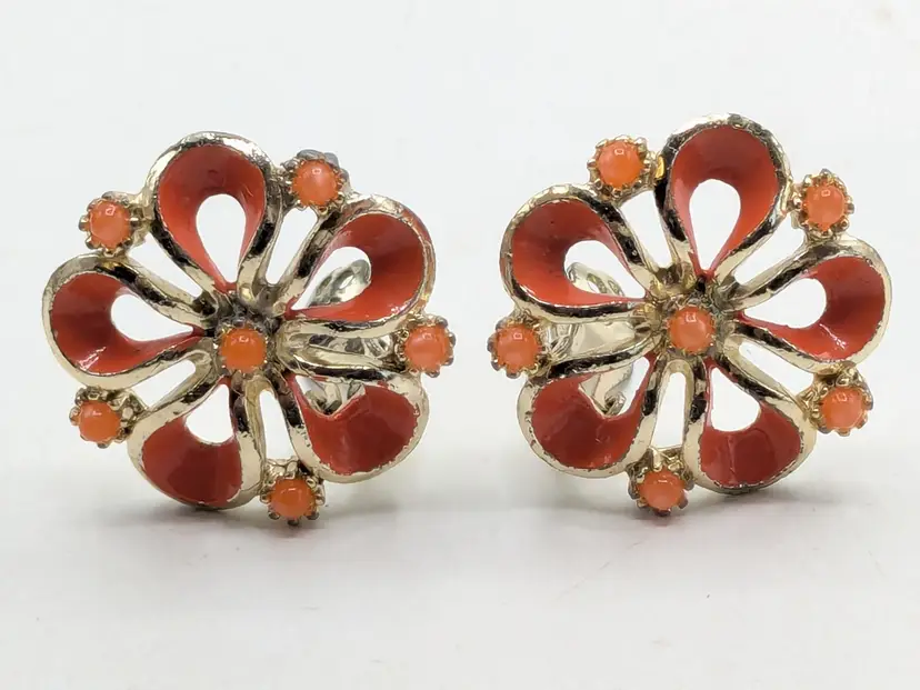 Vintage Gold Tone Orange Enamel and Rhinestone Flower Clip-On Earrings