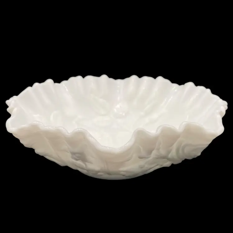 Vintage MCM Imperial Glass Rose Milk Glass Round Bowl, Rose Design in Relief, 9"