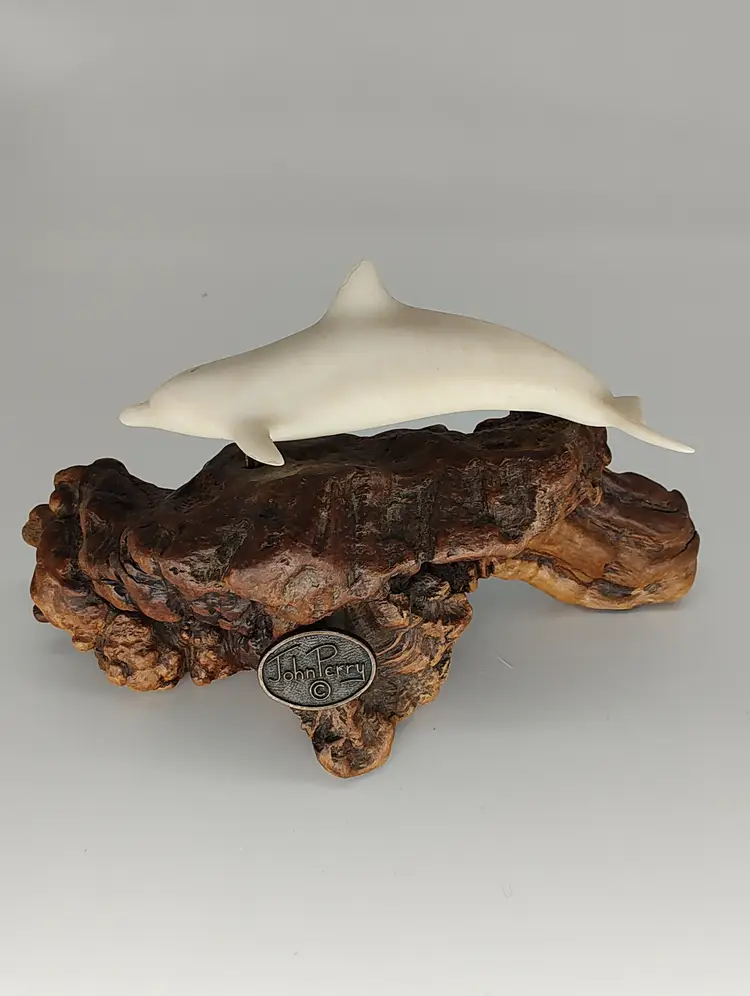 Vtg John Perry Porcelain Dolphin on Burl wood