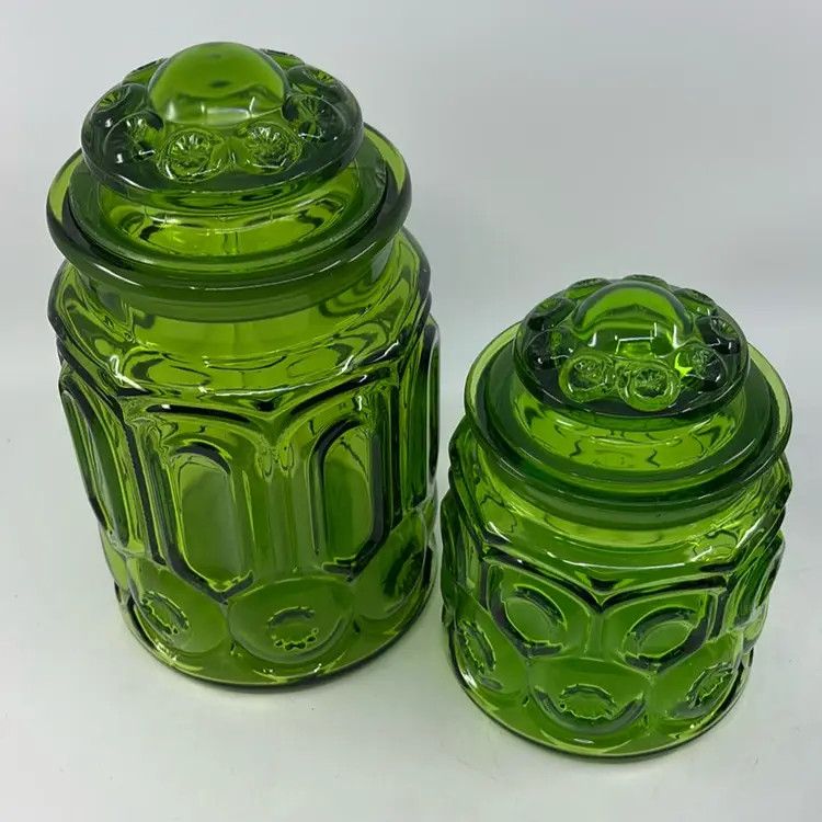 LE Smith Moon & Stars Emerald Green Canister Pair 9.5H 5Dia & 7H 4.5Dia