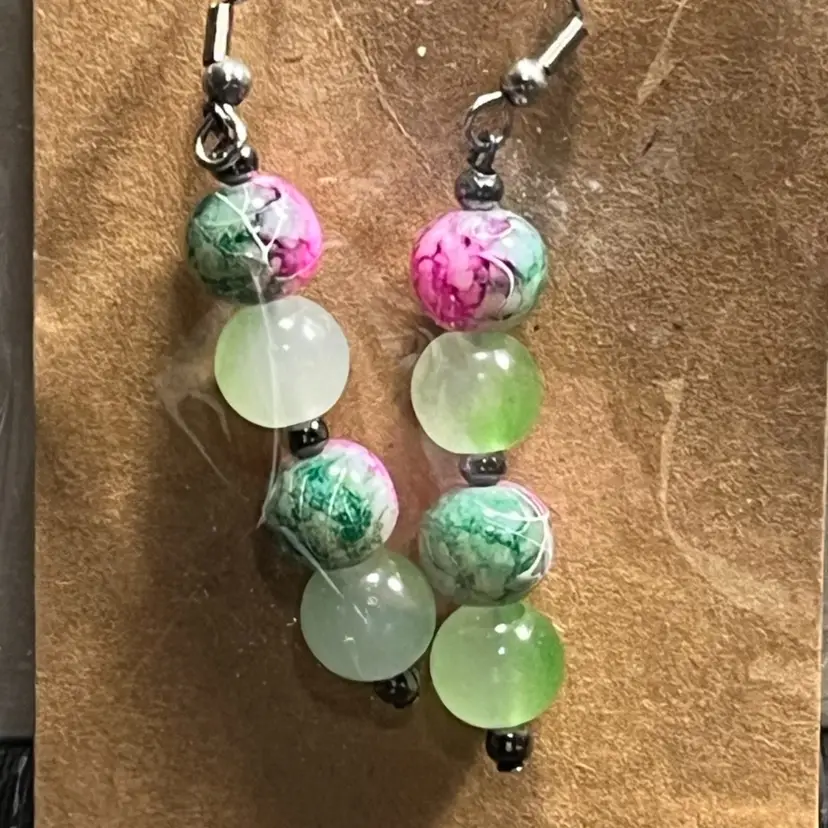 Green And Pink Beaded Earrings Made By Me