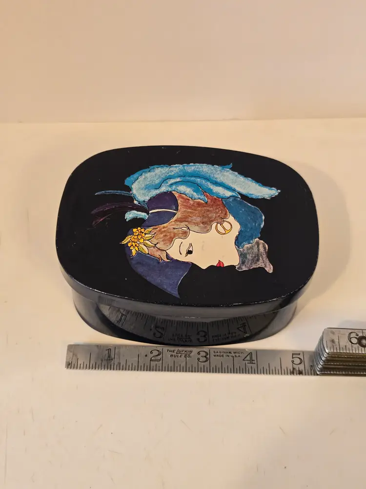 Vintage West Germany Decorative Tin with Art Nouveau Image Of A Stylized Woman in Blue