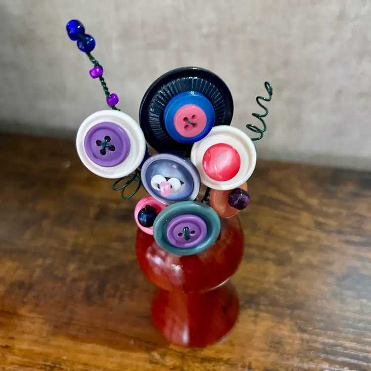 Vintage Button Bouquet In Wooden Mushroom S/P Shaker