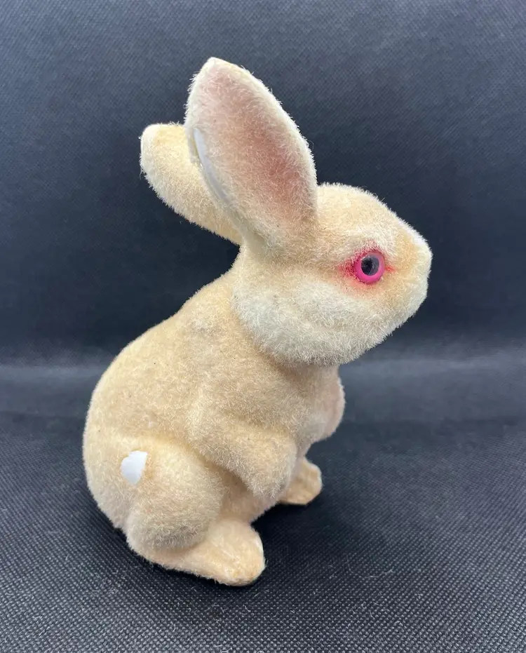 Vintage pair of 2 flocked plastic bunny rabbit banks pink eyes , piggy bank