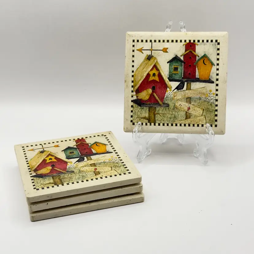 Vintage Stone Art Rustic Birdhouse Barware Coasters, Set of 4, “Welcome To Our Nest”, Handcrafted Ceramic with Folk Art Design, By Highland Graphics, Made in USA, MPN C-367