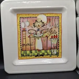 Le Jolie Cat Chef Menu Square Plate "7.75 x7.75" Made In Italy Replacement