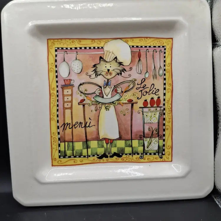 Le Jolie Cat Chef Menu Square Plate "7.75 x7.75" Made In Italy Replacement