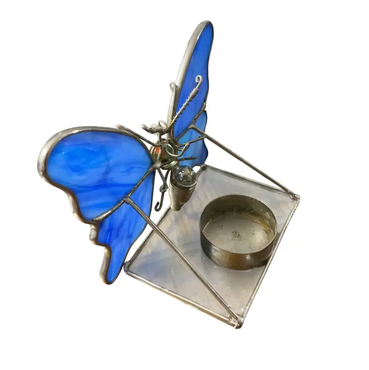 Stained Glass Vintage Blue Butterfly Tealight Holder Metal