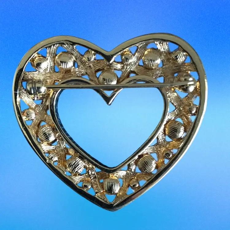 Vintage Money Gold Tone  Open Heart Shape Brooch With Faux Pearls