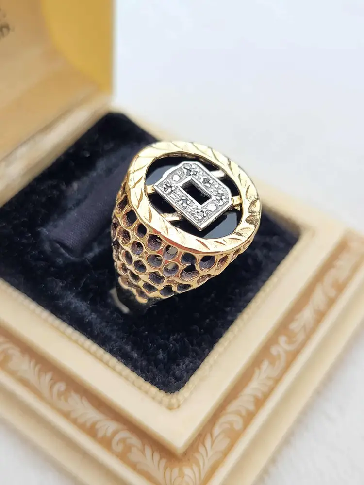 Vintage 14k Gold Nugget Black Onyx Diamond D Initial Signet Ring Sz 8 - 6.1g