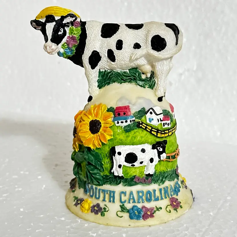Vintage State South Carolina Dairy Cow Farm Sunflowers Bell 4" - Farmhouse