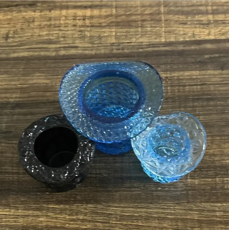 Lot of 3 Vintage Glass Hat Pin Holder Daisy Button Black & Blue Mini Vases