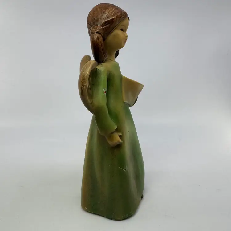 Vintage 7" Ceramic Singing Angel Figurine Mid-Century Green Robe Christmas Decor