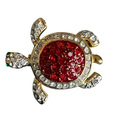 Vintage Turtle Brooch Bright Red Shell Surrounded By Pave Set Clear Rhinestones