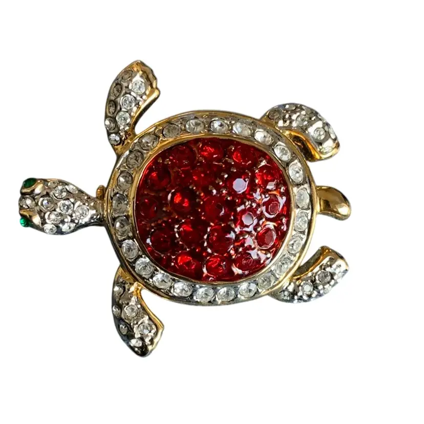 Vintage Turtle Brooch Bright Red Shell Surrounded By Pave Set Clear Rhinestones