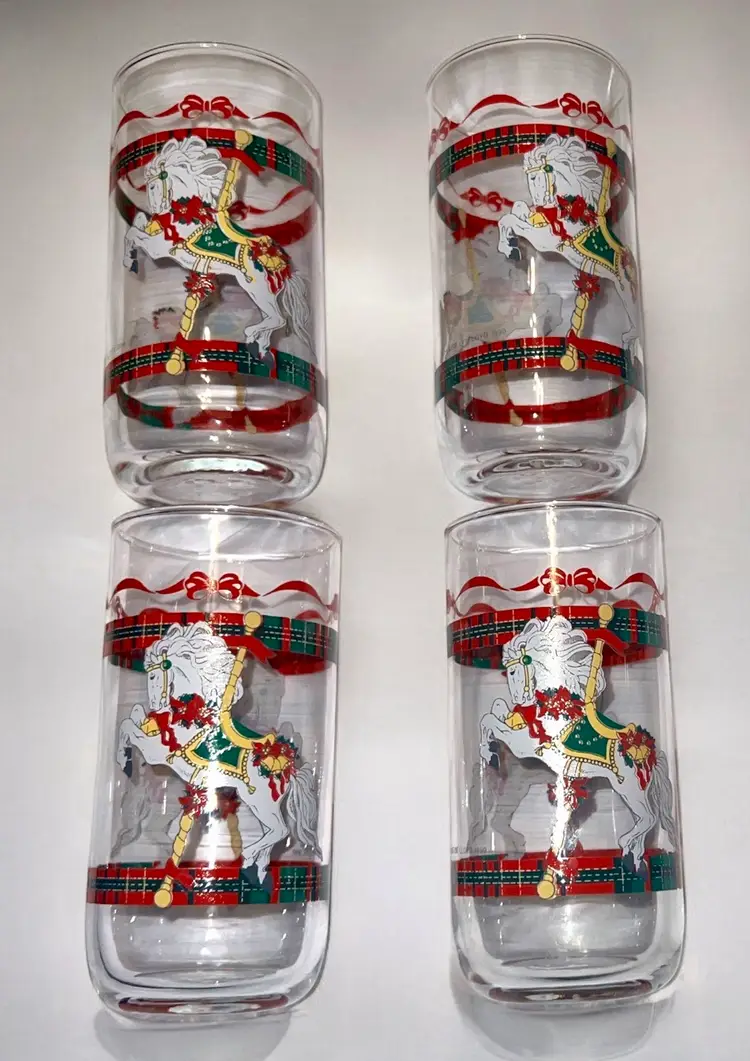 Libbey Christmas Carousel Horse 5 1/4" Tumbler Drinking Glass 12 oz  Set of 4