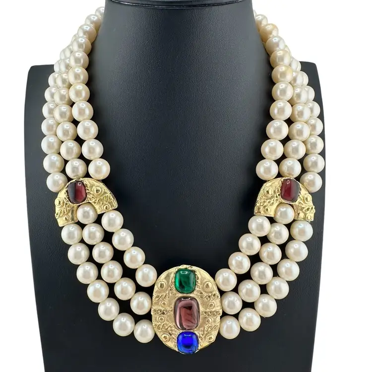 Rare Marcella Saltz For Trifari Etruscan Revival Gripoix Glass 1980s Parure Set