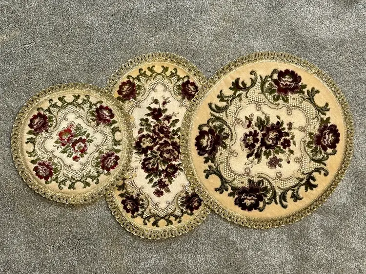 NOS Vintage Set Of 3 Gold Trim Ambrose Doilies Roses Pattern Made In Belgium