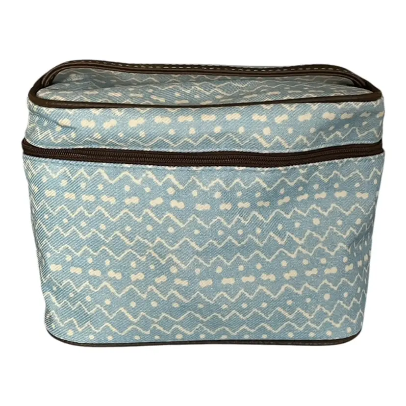 ESTEE LAUDER Vintage Southwest Pattern Cosmetic Makeup Bag – Baby Blue with Faux Brown Leather Accents – Very Good