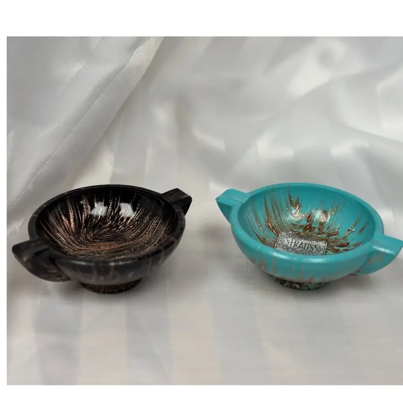 MCM Vincenzo Nason Weil Murano Art Glass Personal Copper Blue & Black Ashtrays Or Trinket Dish Set 2