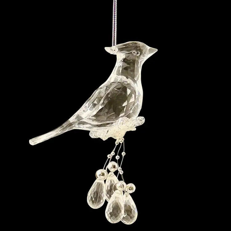 Cardinal Ornament  Clear Acrylic with Faceted Tear Drop & Round Silver Tone Beads 
5” T