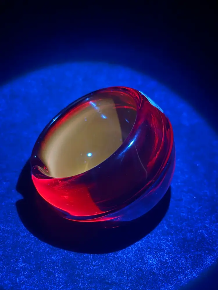 MCM 4” Viking Glass Ruby Red Orb Single Slot Ashtray w/ Sticker Cadmium Glows