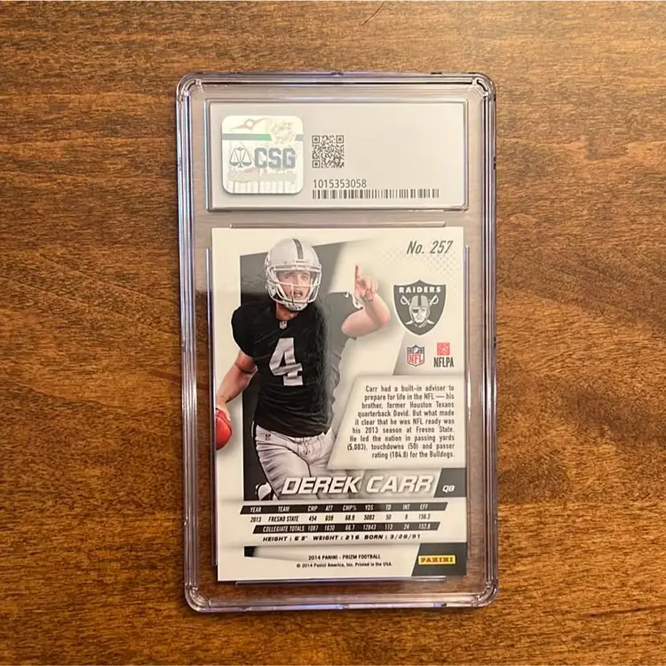 2014 Panini Prizm Derek Carr Pointing Variation Rookie Card RC #257 Graded CSG 8.5 Near-Mint to Mint+