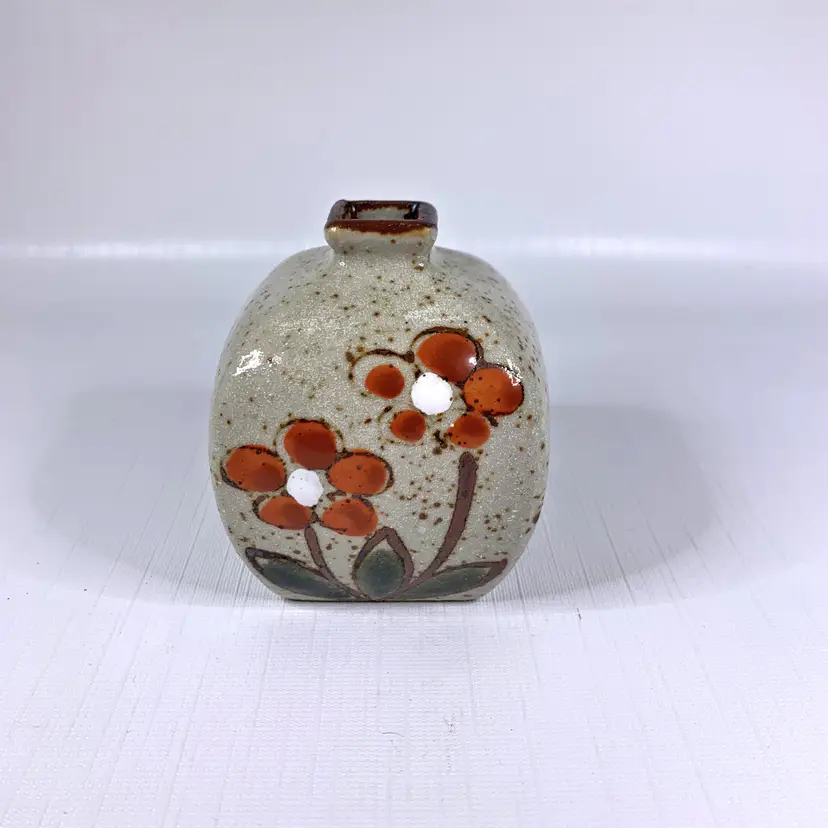 Hand Painted Enamel Bud Vase Orange Floral Brown Speckled Made Japan 60s Vintage