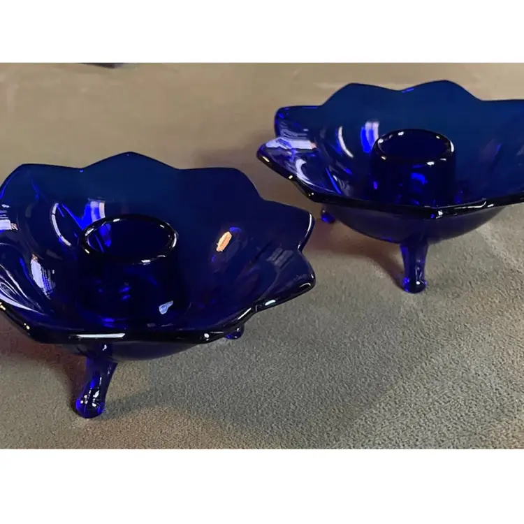 Vintage 2 Fenton Lotus Flower Cobalt Blue Candle Stick Holder
