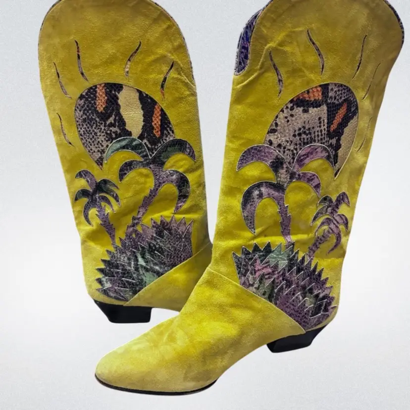 Vintage 1980’s Yellow Suede and Snake Skin Boots made in Italy Size 36