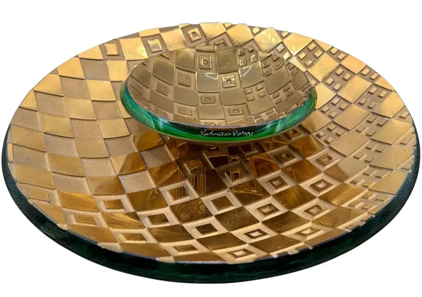 Set of 2 Signed Salvatore Polizzi Studio Art Glass Plate Bowl Platter Gold 12.5”