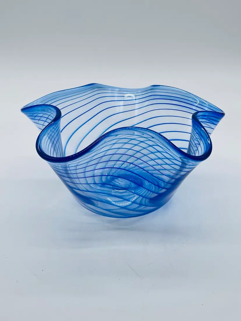 Stamped Cobalt and Clear Swirled Handkerchief Bowl