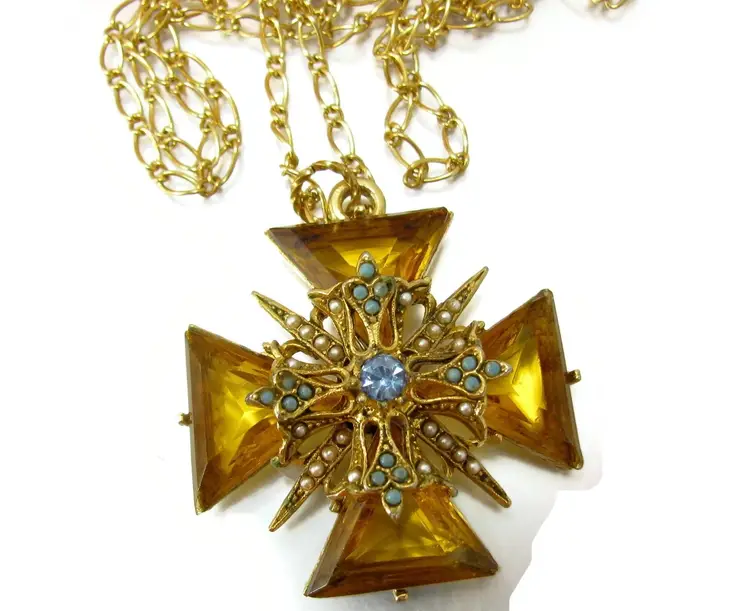 Share Vtg Arthur Pepper Rhinestone Maltese Cross Pendant Designer Signed Art Necklace