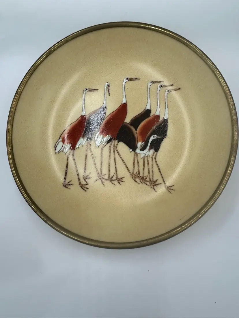 Vintage Japanese Porcelain Dish In Brass Base Stork Bird Design Decorated In Hong Kong
