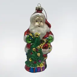 Vtg. Santa with Christmas Tree Glass Ornament 5.25”