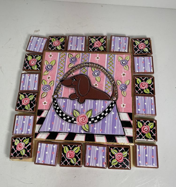 Hand Painted Tiles For Crafts Mosaic Dachshund In Purse