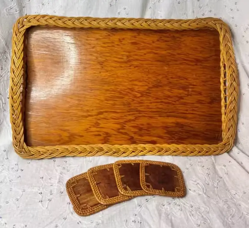 Vintage Wood & Wicker Serving Tray with Coasters Set