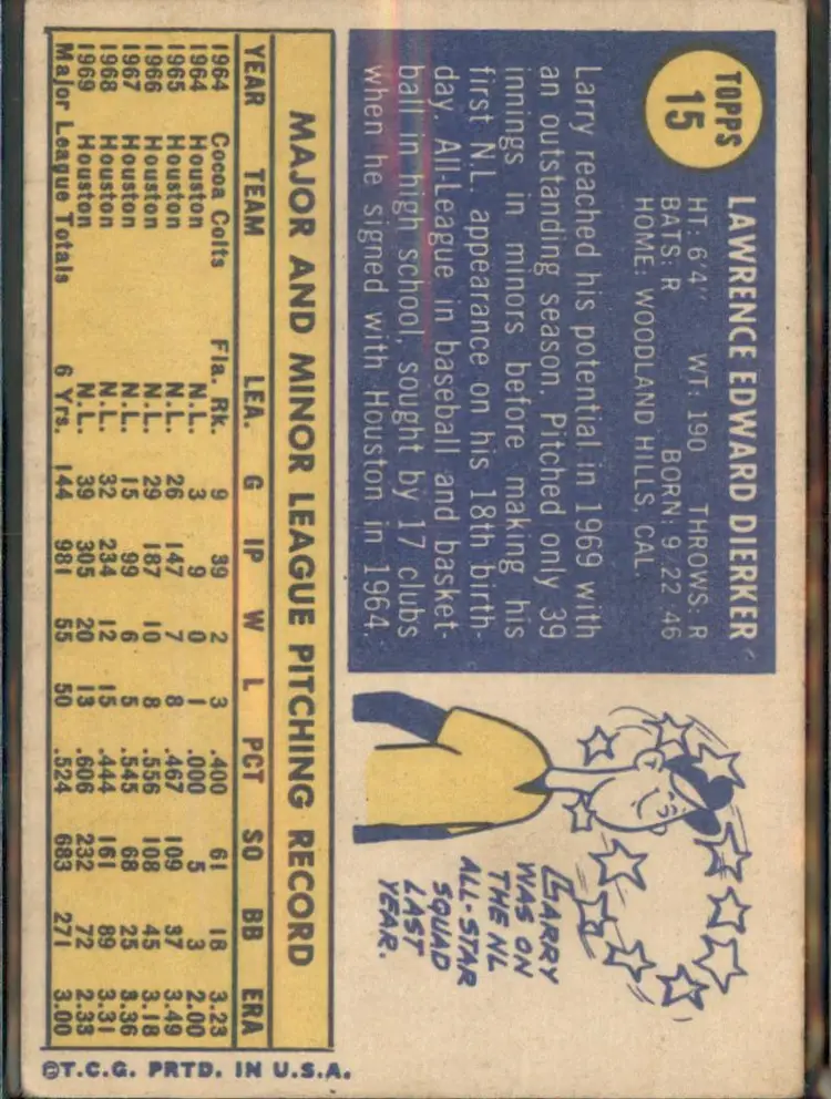 1970 O-Pee-Chee #15 Larry Dierker - (pk3) - Houston Astros