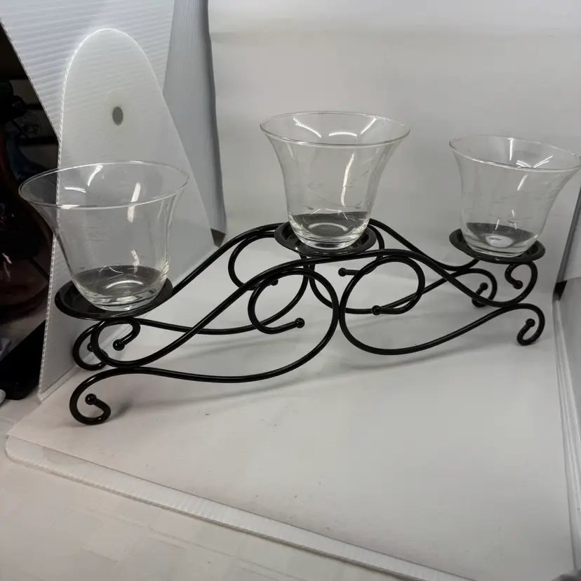 Princess House Meridian black metal three-light candelabra with etched glass shades