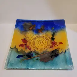 Vtg Anactacia Glass Design 13" Fused Glass Dish Bowl Handmade Original Collection Greece Abstract Multicolor Decor