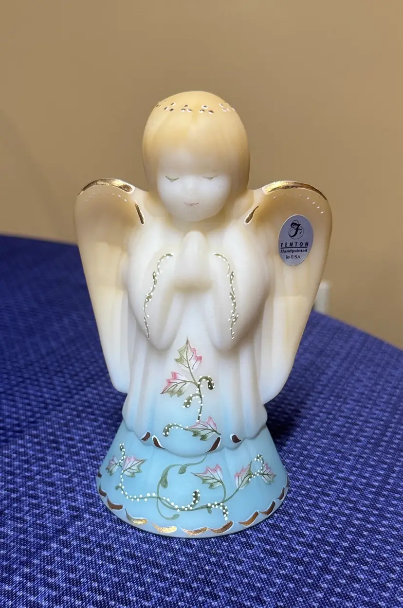 Fenton Angel Bell Handpainted S Miller Blue Pink Leaf Gold Trim 6" tall