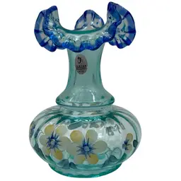 #01 Fenton Hand Painted Floral Glass Face With Blue Ruffle hand painted by D Thorton has makers mark