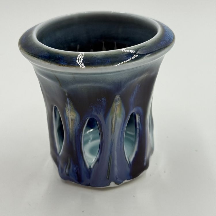Phil Mayhew Pierced Art Pottery Signed Candle Votive Tea Light Candle Vintage Blue Drip