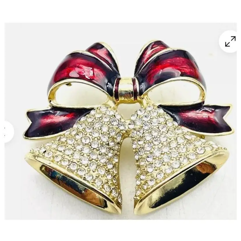 12009 Vintage Rhinestone Christmas Bells Pin with Red Enamel Bow