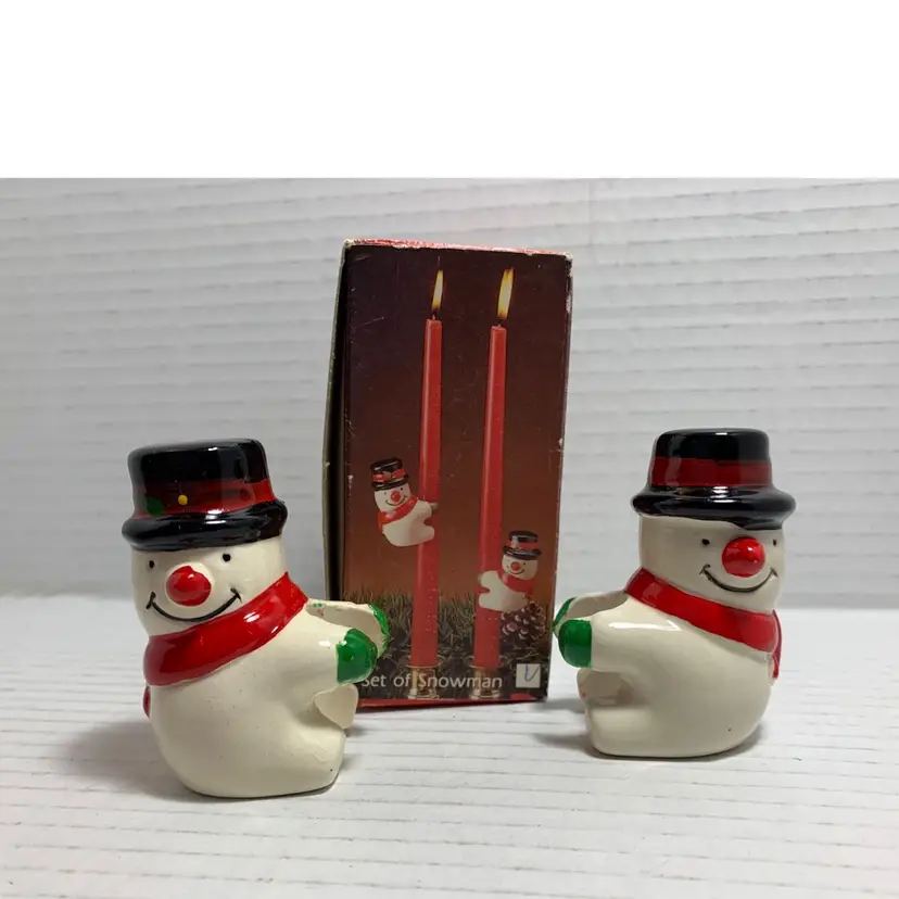 VTG Ceramic Candle Climbers (2) Snowmen In Box Winter Decor