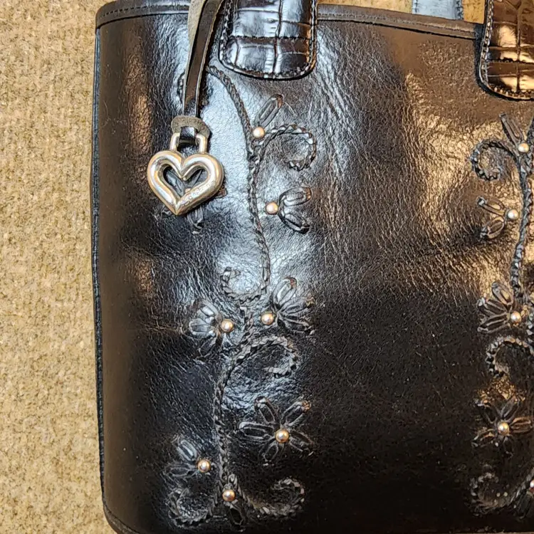 Vintage Brighton Embroidered Black Leather Bucket Tote Purse Handbag Floral