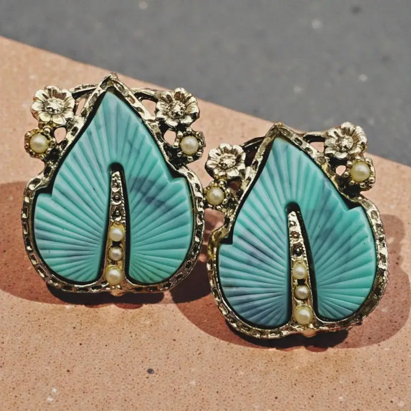 Vintage Aqua Faux Turquoise Molded Ribbed Leaves Faux Pearls Clip-on Earrings