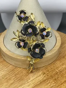 Coro Floral Bouquet Brooch Aurora Borealis Rhinestones Black Enamel Flowers
