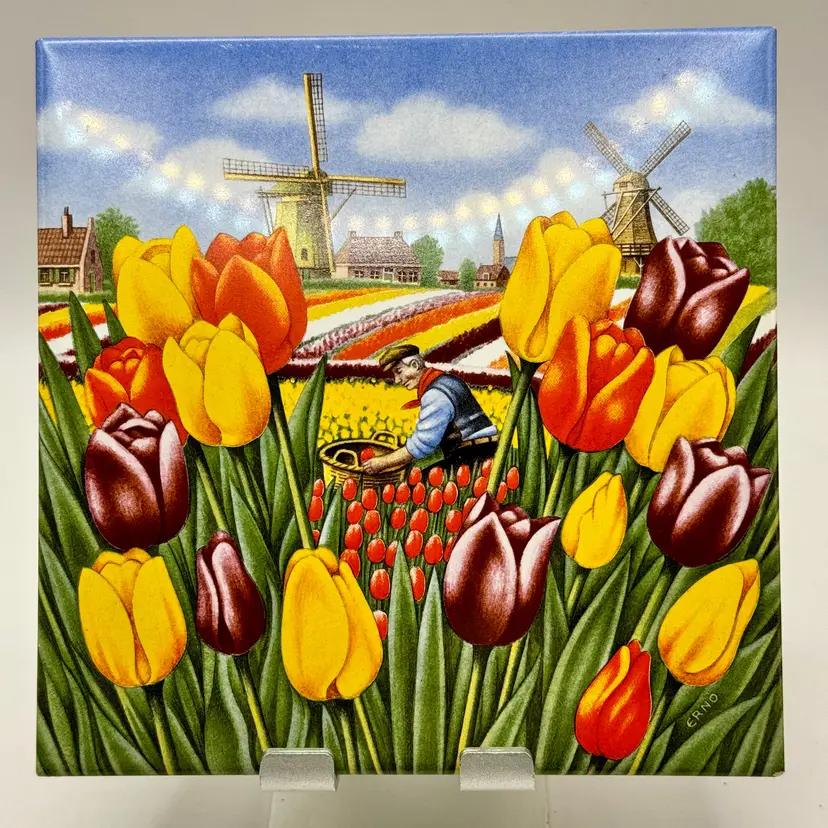 Vintage 1984 Royal Mosa Dutch Windmill and Tulip Field Ceramic Tile Trivet, Hand Painted By Ter Steege, Signed ERNO, Made In Holland