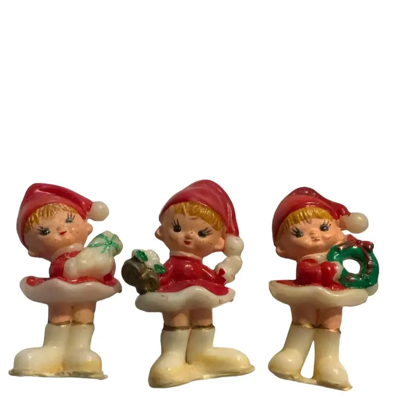 Cute Vintage Vixen Elf Caroling Mantel Decoration Figurines Approximately 2.75” Tall Set Of Three